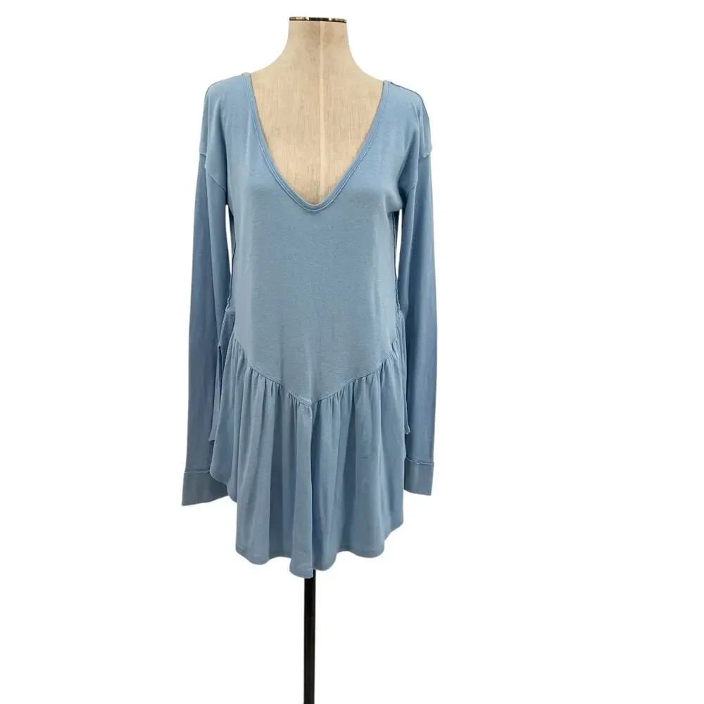 Free People We The Free Rose Petal Tee Shirt Long Sleeve‎ Blue Size Large